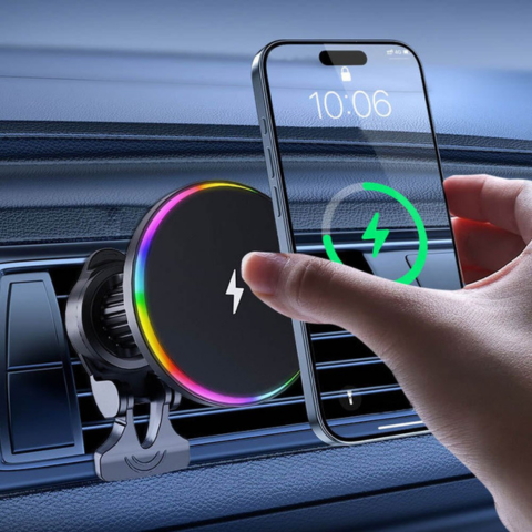 Car Phone Holder – Wireless Charging and LED Lighting