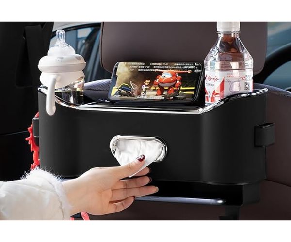Takaistuimen järjestäjä koukuilla ja säilytyslaatikolla - optimoitu tila ja siisti auto